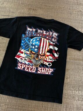 Black Graphic Tee with American Flag Skull -
